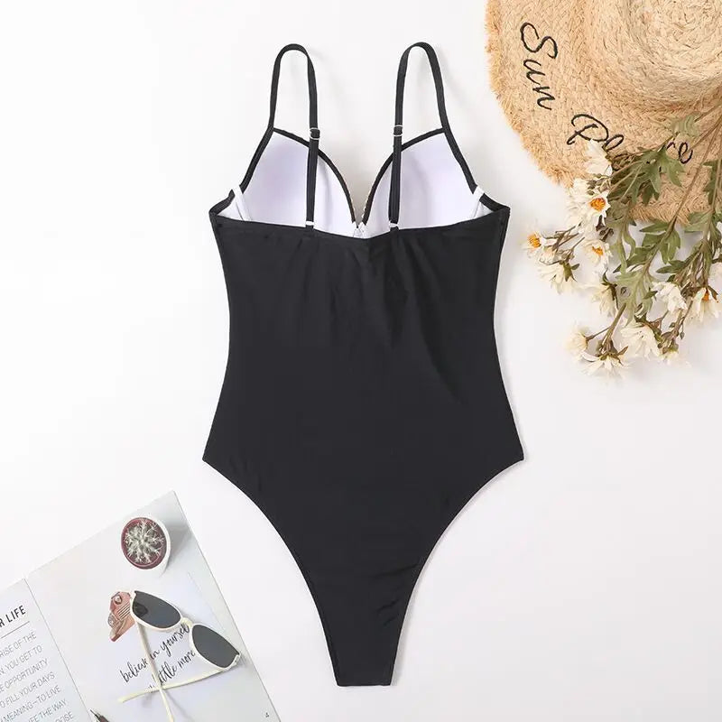 Hi Cut Black Swimsuit One Piece Push Up Swimwear Women Solid Bathing Suit Female Padded Swimming Summer Beachwear Bodysuit