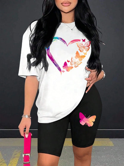 The Love Strung Together By Butterflies Printing Women T Shirts Two Piece Set Fashion Short Sets Comfortable Basic Shirt Shorts