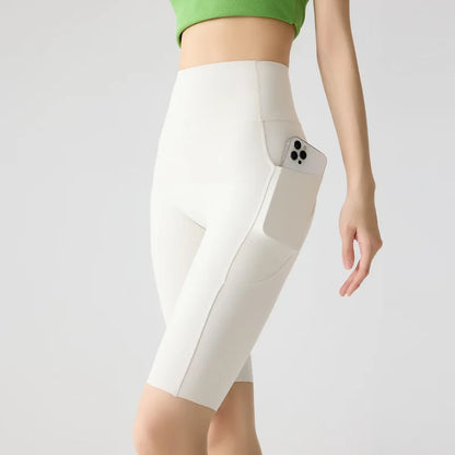 Pocket Yoga Sharkskin Bicycle Shorts Women Thin High Waist Push Up Light Feeling Sports  Fitness Cycling Shorts