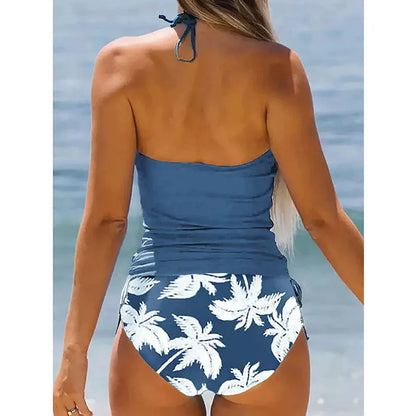 Solid Print Tankini Set Tied Halter Swimsuit Women Swimwear Biquinis Summer Backless Beach Bathing Suit