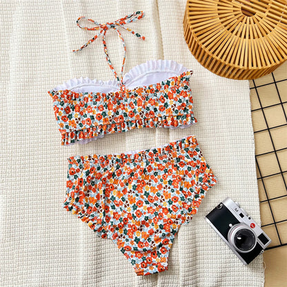 Flowers Printed Bandeau Female Swimsuit High Waist Bikini Women Swimwear Two-pieces Bikini set Bather Bathing Suit Swim