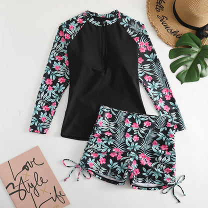 Long Sleeve Sun Protection Surf Suit Women Floral Print Beach Party Swimwear Female Swimming Trunks Bathing Suit