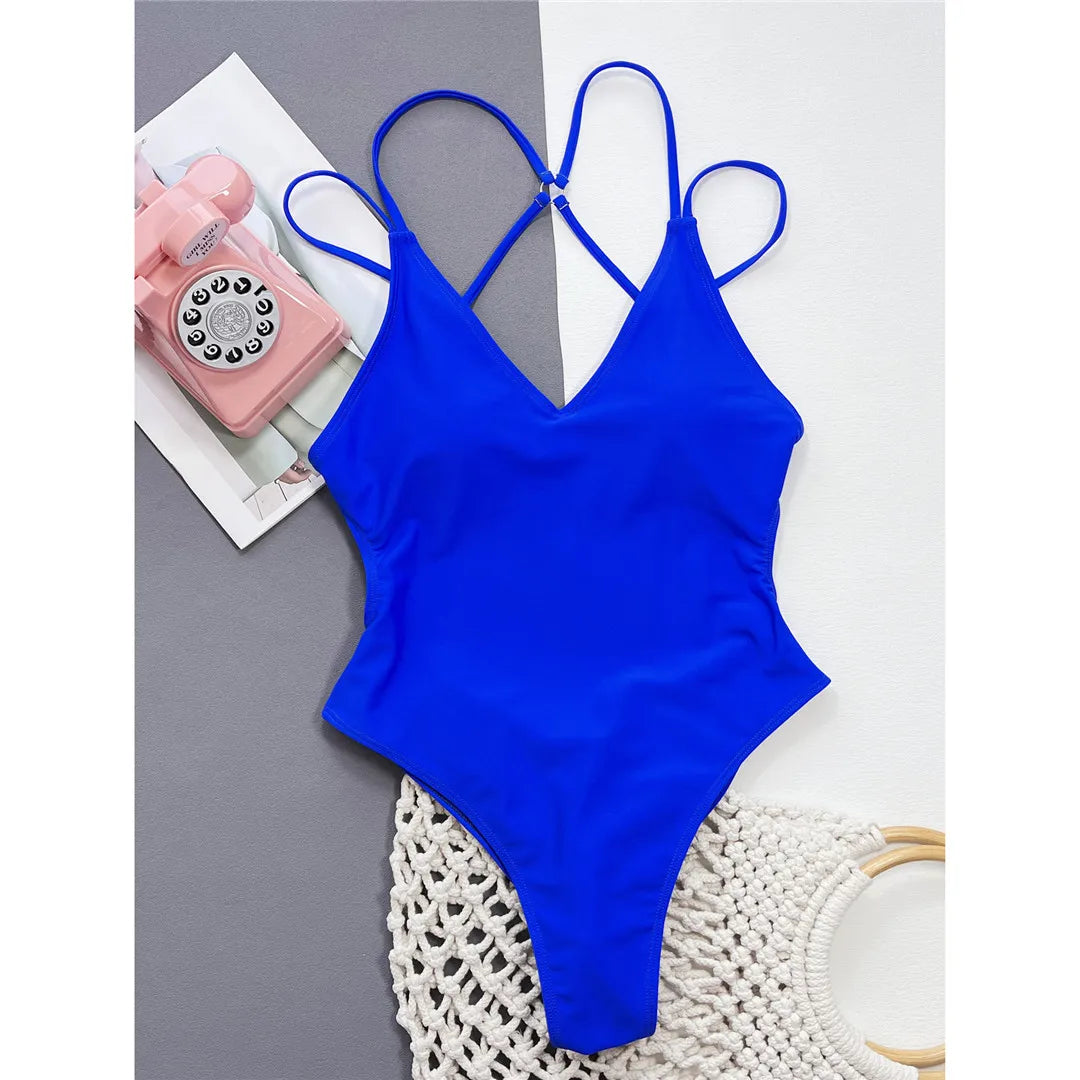 S - XL V Neck Cross Back Scrunch Butt Women Swimwear One Piece Swimsuit Female Monokini High Cut Bather Bathing Suit Swim V4550