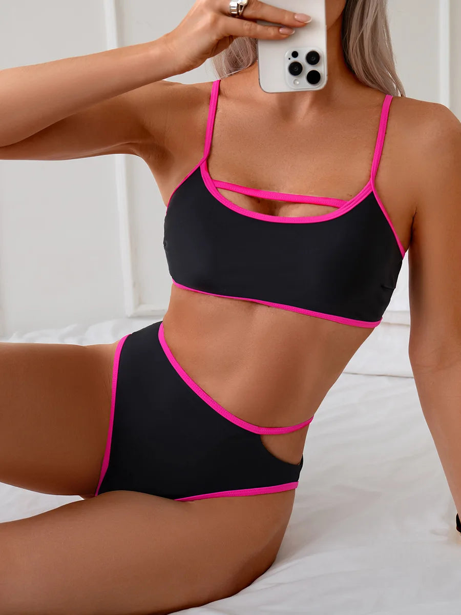 Women's Contrast-Trim Cut-Out Bikini Set