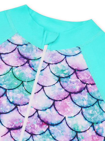 Boyleg Shorts Swimwear Kids Girl Long Raglan Sleeve Swimming Suit Kids Scale Print Ombre Dyeing Color Zipper Beach Swimsuit