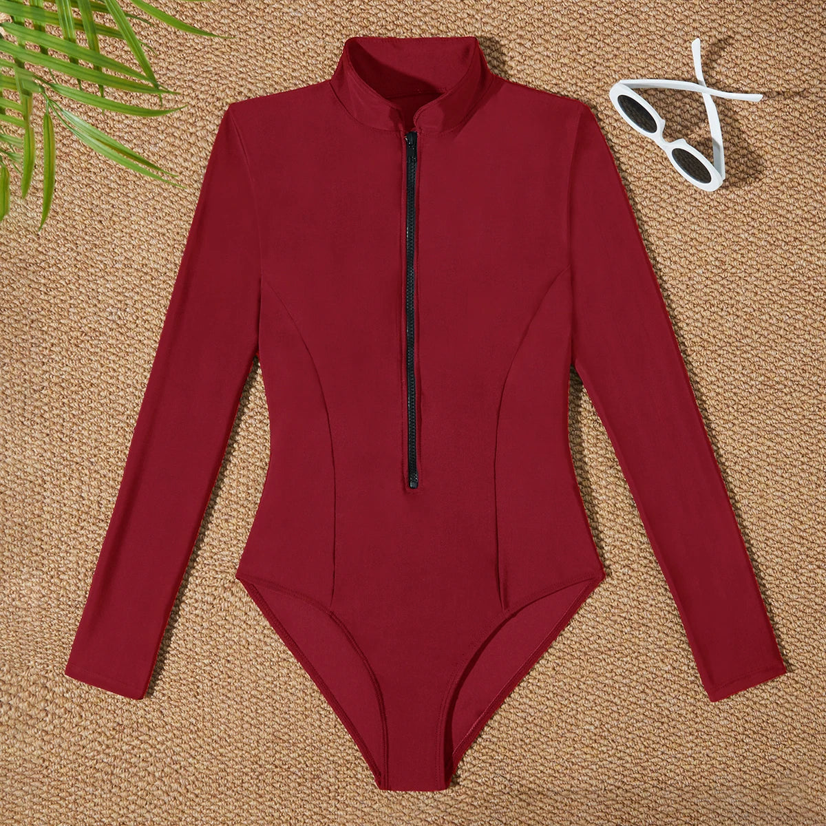 Red Slim Rush Guard Long Sleeve Surfing Swimsuit Women With Zipper Solid Swimwear Female Bathers Bathing Swimming Swim Suit XXL