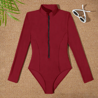 Red Slim Rush Guard Long Sleeve Surfing Swimsuit Women With Zipper Solid Swimwear Female Bathers Bathing Swimming Swim Suit XXL