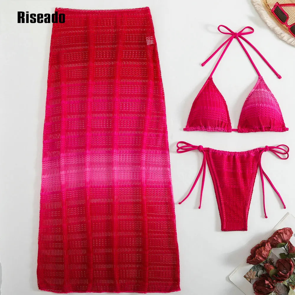 Women's Halter Neck Cut Out 3 Pieces Swimwear Sexy Bikini Set with Mesh Maxi Skirt ,Pool Party Outfit