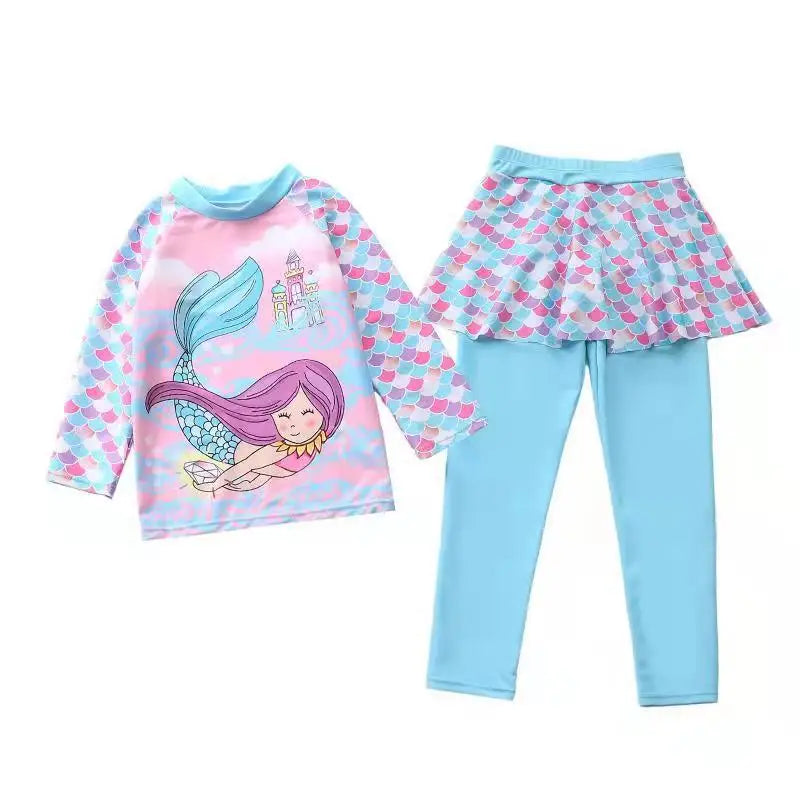 Unicorn Mermaid Kids Swimwear for Girls Long Sleeve Rash guard Pants Leggings Modest Children's Swimsuit Bathing Suit Beach Wear
