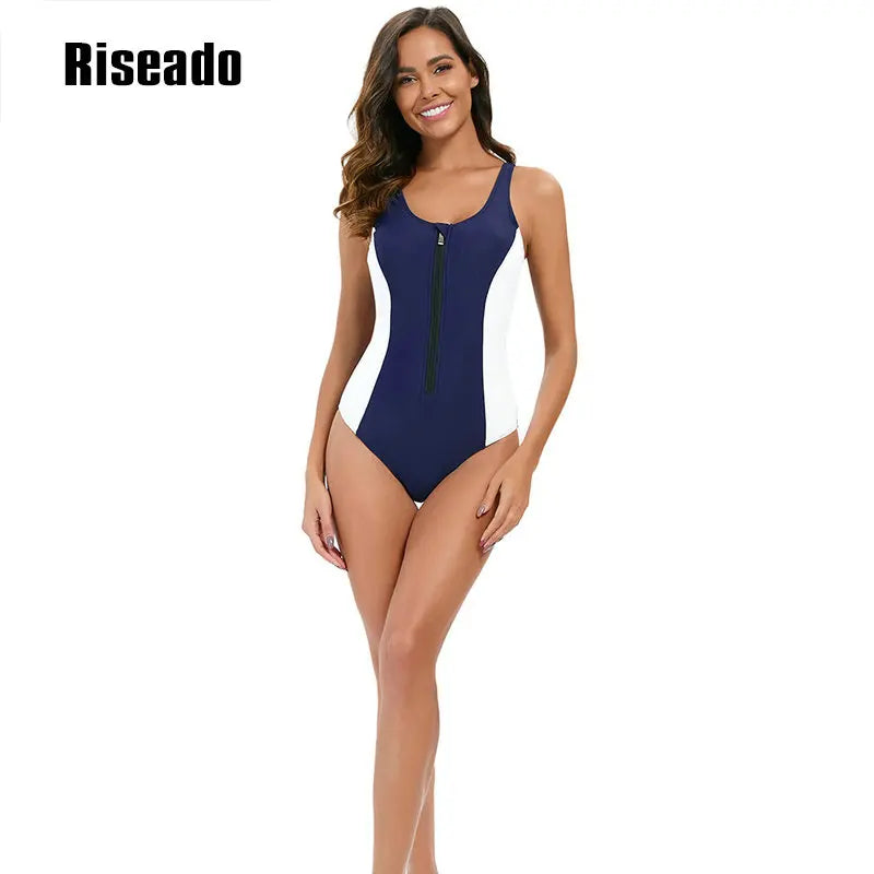 Riseado Sports One Piece Swimsuit Women Navy Swimwear Female Bodysuit Summer Swimming Suit Racerback Bathing Suits