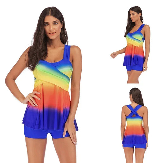 Skirt style swimsuit gradient rainbow print Suits Swimwear Swimsuit Women Summer Tankini Sets Swimming Bathing Suit
