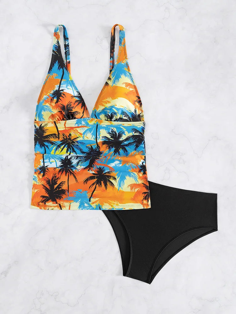 Tropical Print Design Strapped Bikini Tankini Set High Waist Push UP Swimsuit Women Backless Swimwear Summer Beach Bathing Suit