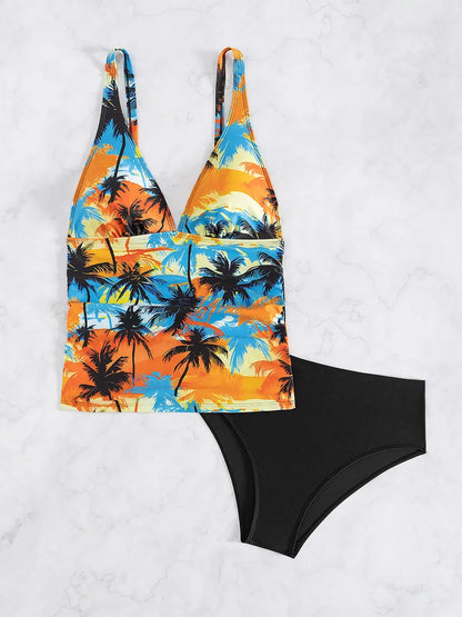 Tropical Print Design Strapped Bikini Tankini Set High Waist Push UP Swimsuit Women Backless Swimwear Summer Beach Bathing Suit