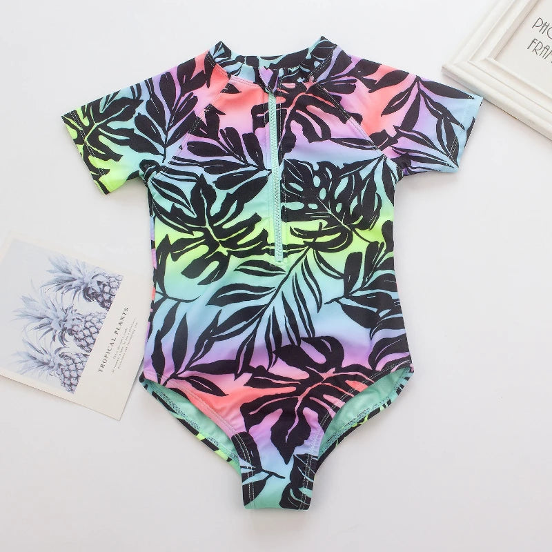 Girls' Long-Sleeve One-Piece Swimsuit – Pink or Leaves