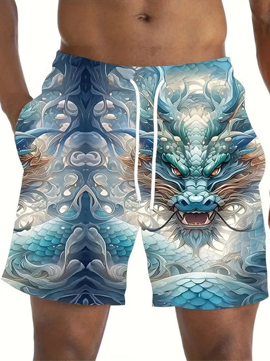 3D Dragon Print Beach Shorts Men's Plus Size Casual Swim Shorts In Quick Dry Ice Board Short Men Bathers