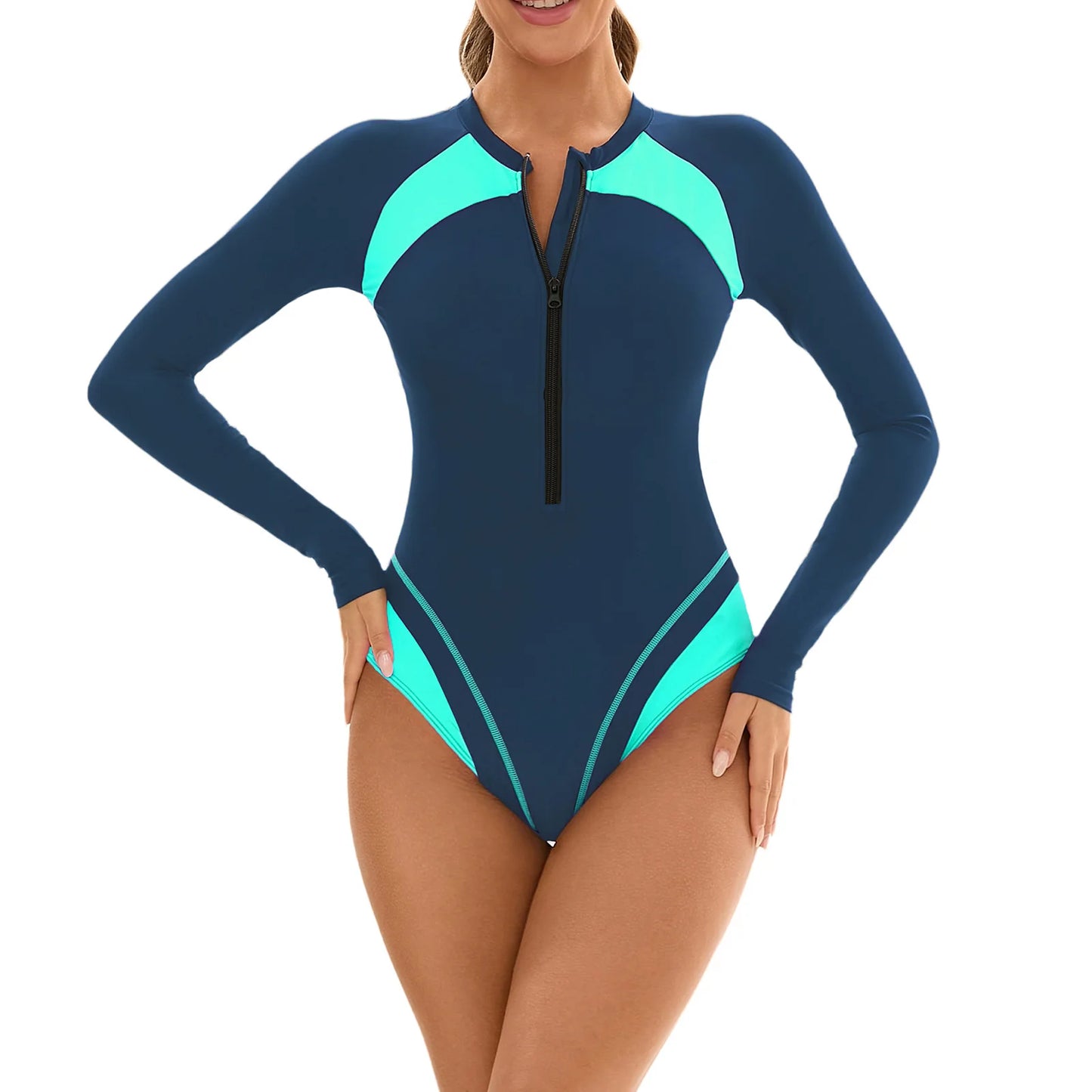 Women's One-Piece Swimsuit Bathing Suit Long Sleeve Front Zipper Color Block Leotard Surfing Swimwear with Removable Chest Pads