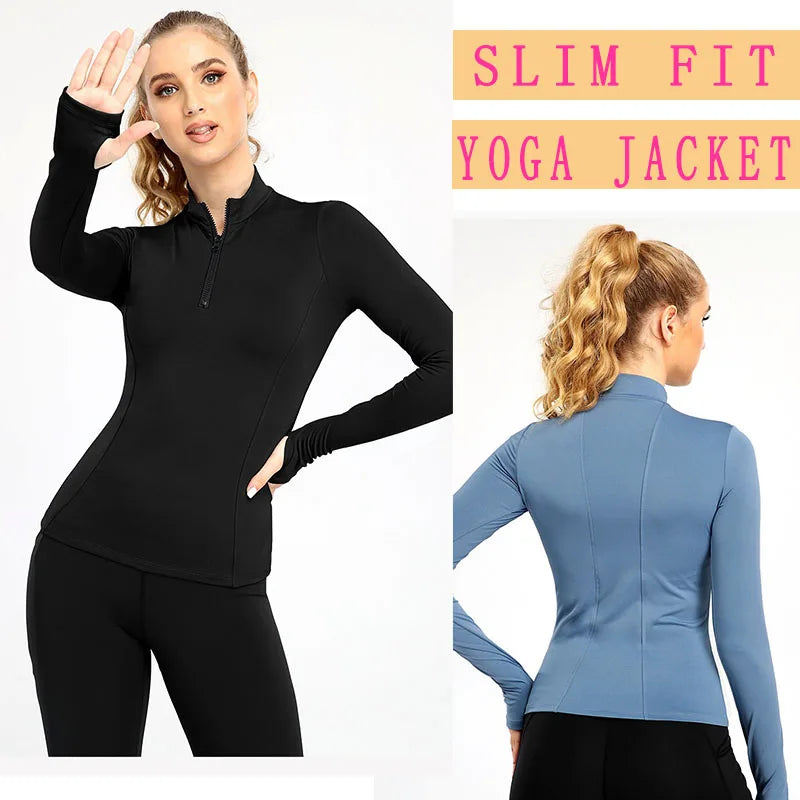 Zipper Thumb Hole Slim Fit Quick Dry Base Long Sleeve Yoga Women Jacket Elastic Top Yoga Fitness Exercise Sportwear