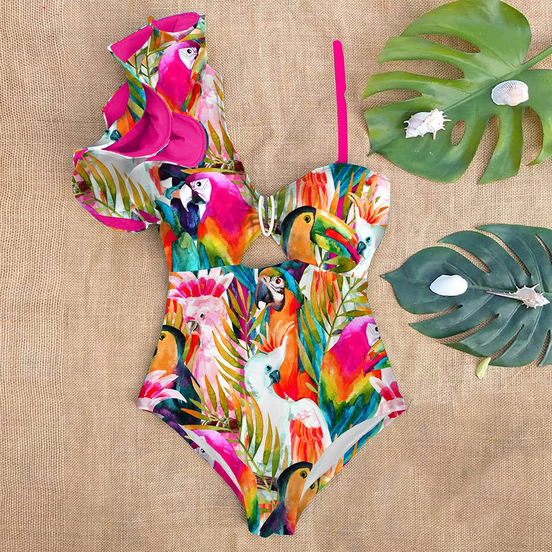 Ruffle Print Floral One Piece Strappy One shoulder Swimwear Women Swimsuit Bathing Suit Backless Beachwear Monkini