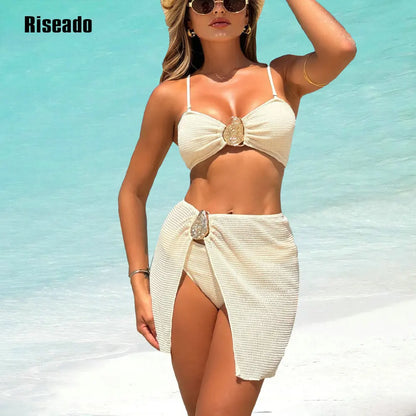 Women's Textured Bikini Sets 3 Piece Halter Swimsuits Bathing Suit with Cover Up Skirt