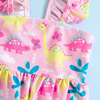 Girls Two-piece Swimsuit Bikini Baby Cute Cartoon Dinosaur Print Pink Tankini Set Toddler Swimwear Vacation Beachwear