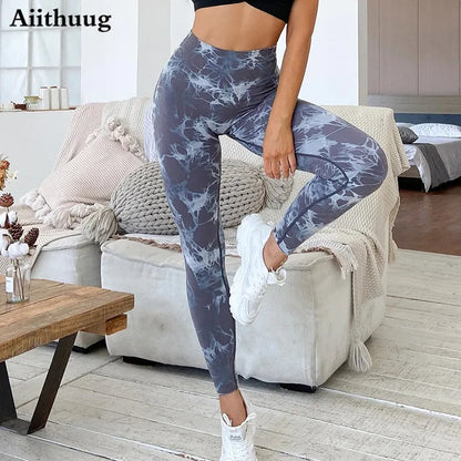Aiithuug Womens High Waist Yoga Pants Tie Dye Ripped Tummy Control Workout Running Yoga Skinny Leggings Tummy Control Yoga Pants