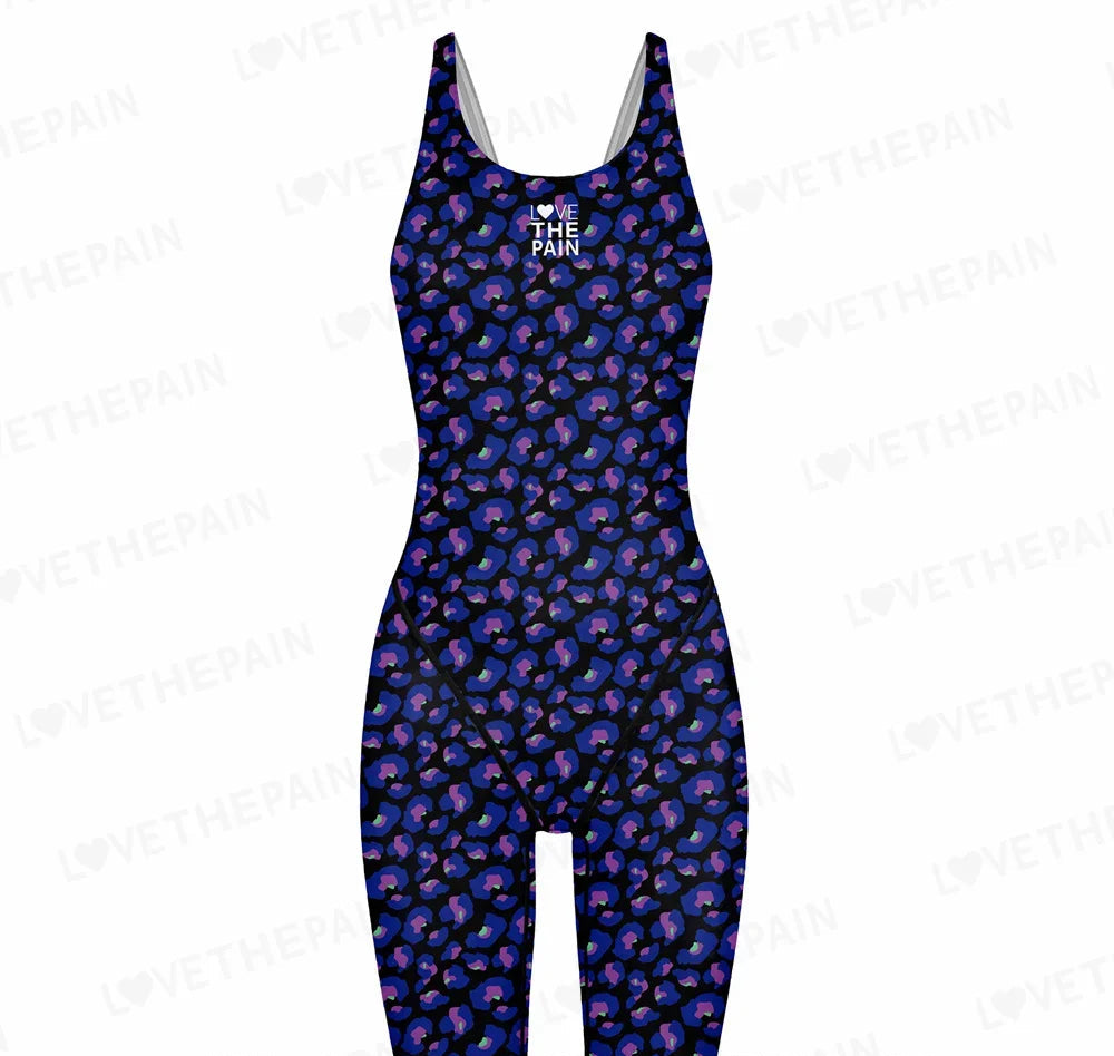 Love The Pain Women Racer Back Bodysuit Knee Length Swimsuit Professional Sports Training Swimwear Backless Athletic Swimsuit