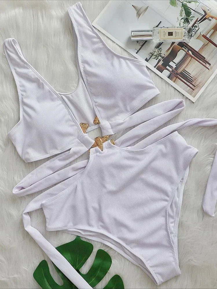 Leaves Printed High Cut Out Women Swimwear One Piece Swimsuit Female High Waist Monokini Bather Bathing Suit Swim Lady