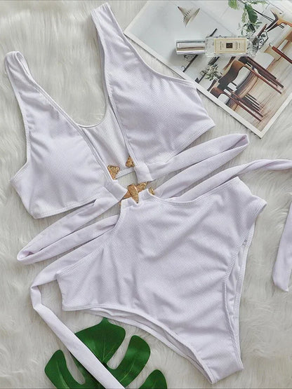 Leaves Printed High Cut Out Women Swimwear One Piece Swimsuit Female High Waist Monokini Bather Bathing Suit Swim Lady
