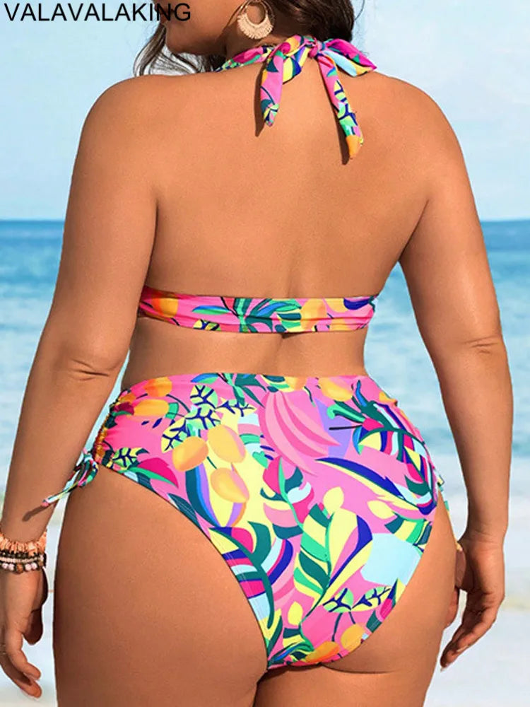 Lady Print 2 Piece Plus Size Bikini Set Women Tied Halter Large Big Swimsuit High Waist Brazilian Curvy Bathing Suit