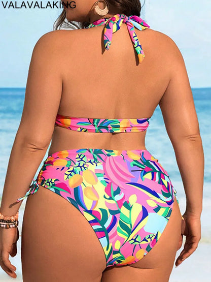 Lady Print 2 Piece Plus Size Bikini Set Women Tied Halter Large Big Swimsuit High Waist Brazilian Curvy Bathing Suit