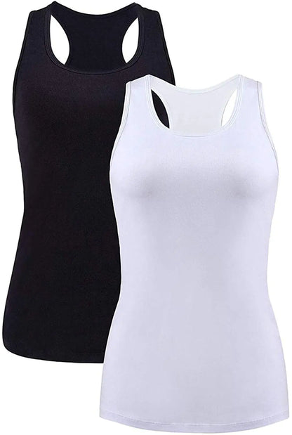 Attraco Women's Camisole 2PCS Cotton Solid with Build-in Shelf Bra Tank Tops U-Neck Soft Breathable Basic Sleepwear