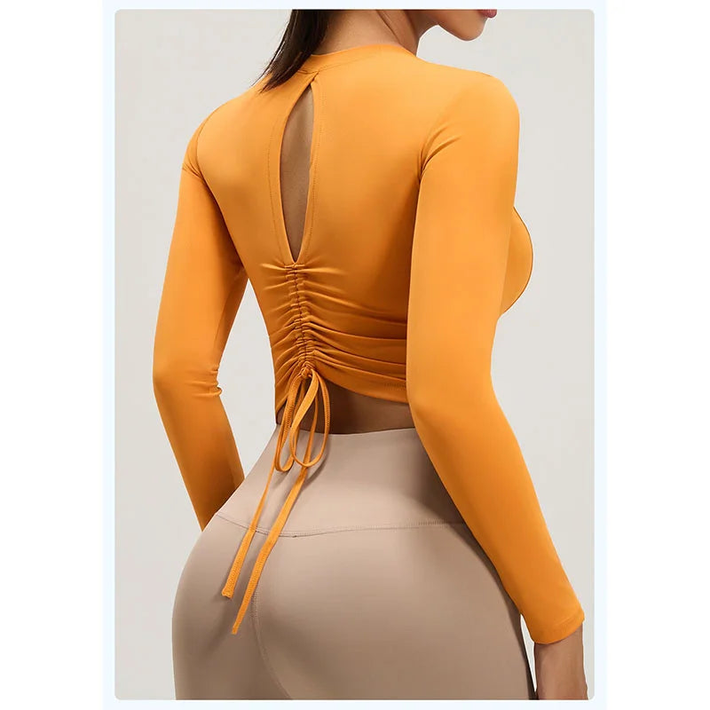 Women's Long-Sleeve Cut-Out Back Yoga Crop Top with Built-In Bra