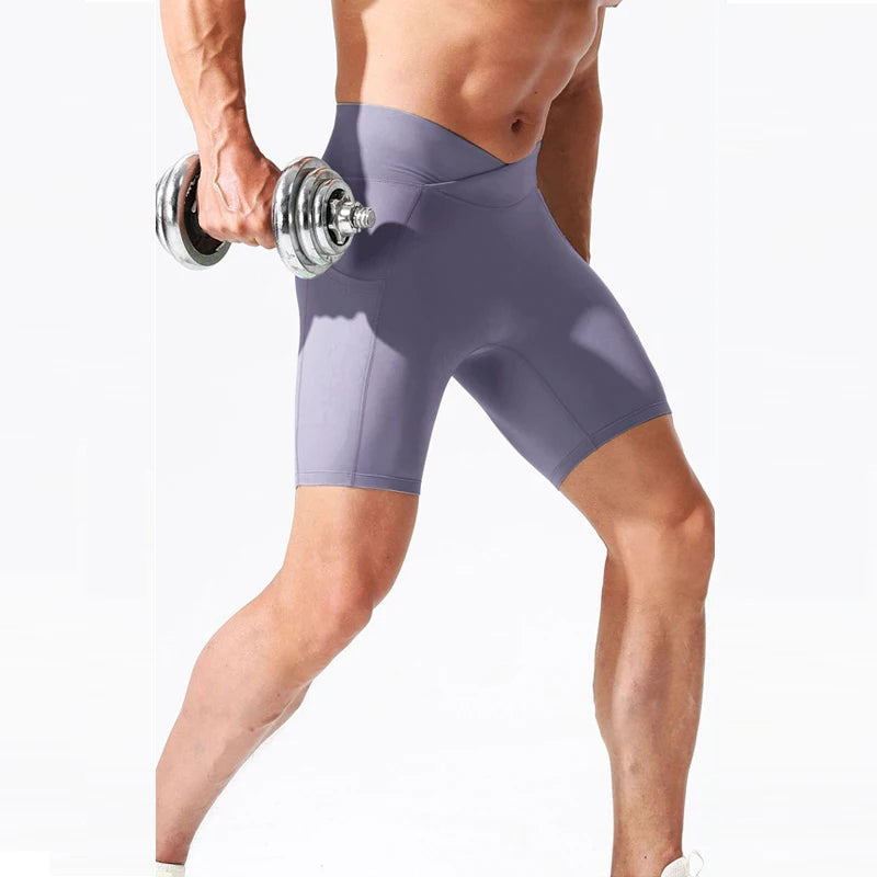 Running Shorts Pants Pockets Men's High Waist Elastic Running Tights Cycling Fitness Yoga Quick Drying External Wear Marathon