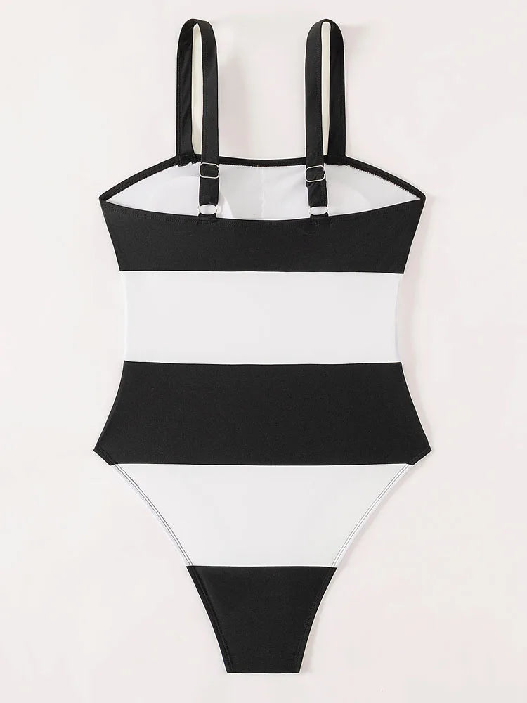 Black and White Strapped Swimwear Women Solid Patchwork One Piece Swimsuit Push Up Lady Monokini Beach Summer Bathing Suit