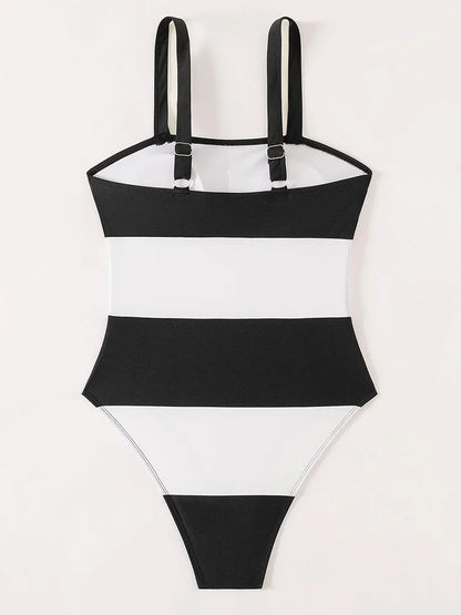 Black and White Strapped Swimwear Women Solid Patchwork One Piece Swimsuit Push Up Lady Monokini Beach Summer Bathing Suit