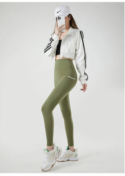 Pocket Brushed Shark Leggings Women Autumn Light Fleece Phone Leggings Slim Tight-Fit Sports Yoga Fitness Leggings