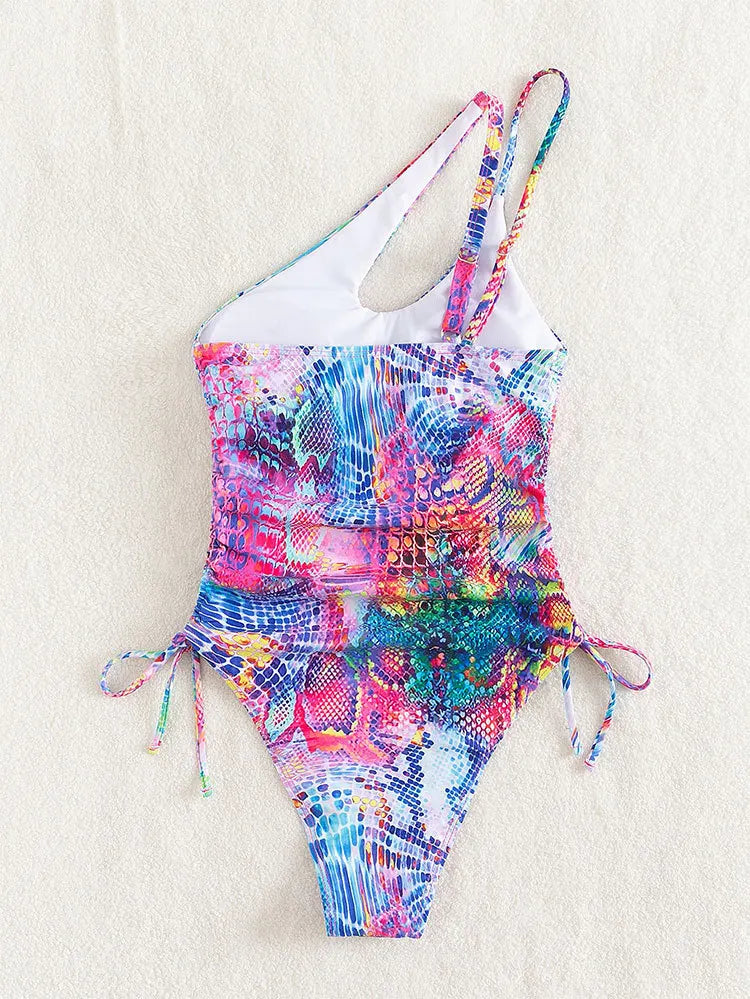 Women's Colorful Printed One-Shoulder Side Drawstring Swimsuit, Beach Bathers