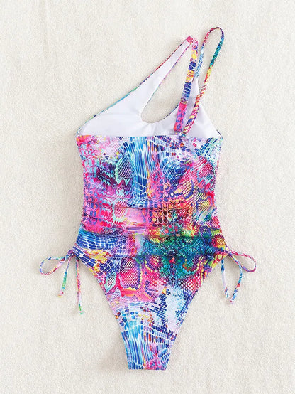 Women's Colorful Printed One-Shoulder Side Drawstring Swimsuit, Beach Bathers