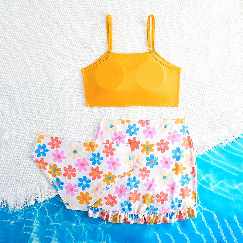3 Pieces Floral Bikini Girls Swimsuit High Waist Kids Swimwear & Beach Skirt Pink Children Swimming Bathing Swim Suit