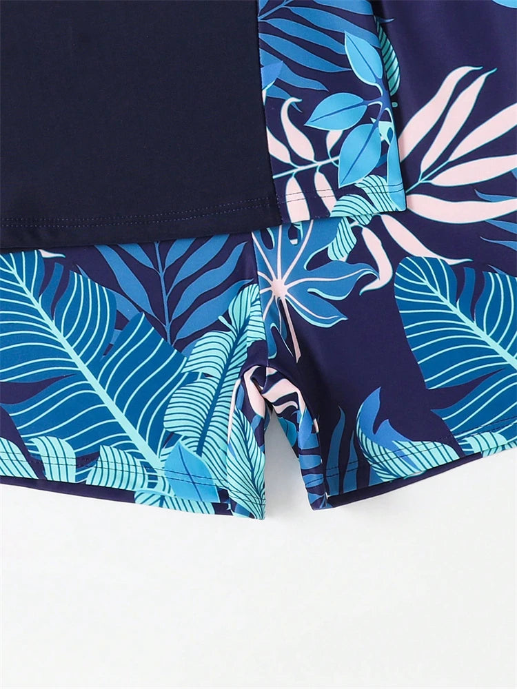 Boys' Blue Tropical-Print Short-Sleeve Rash Guard & Shorts Set