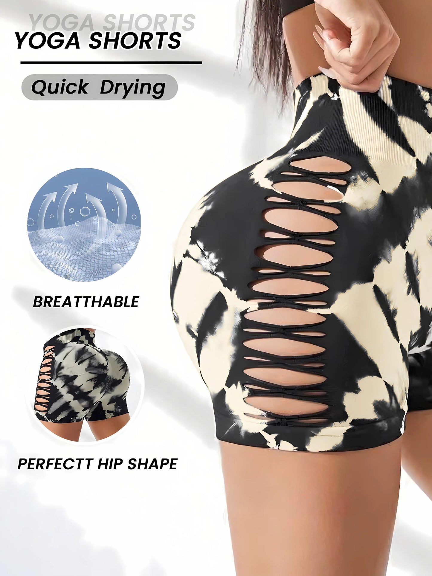 Women's Tie-Dye High-Waisted Yoga Shorts - Mid-Thigh, Side Cutouts, Butt-Lifting, Tummy-Control, Mesh Breathable for Fitness