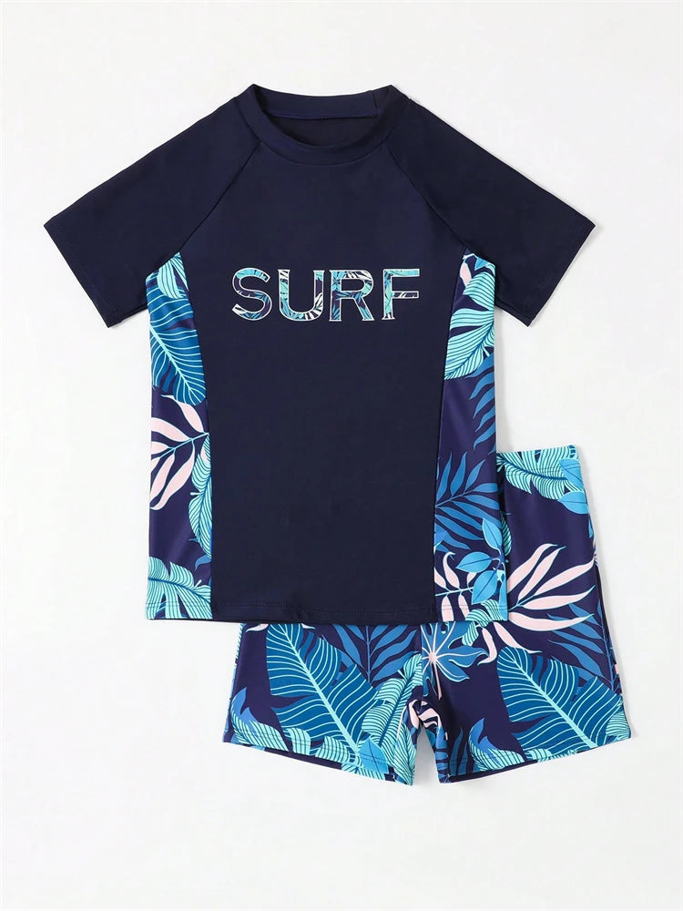 Boys' Blue Tropical-Print Short-Sleeve Rash Guard & Shorts Set