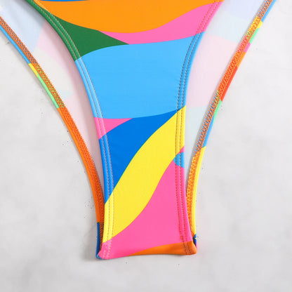 Color Block Swimsuit One Piece Backless Printed Swimwear Women Bathers Bathing Swimming Swim Suit Padded Beachwear Summer