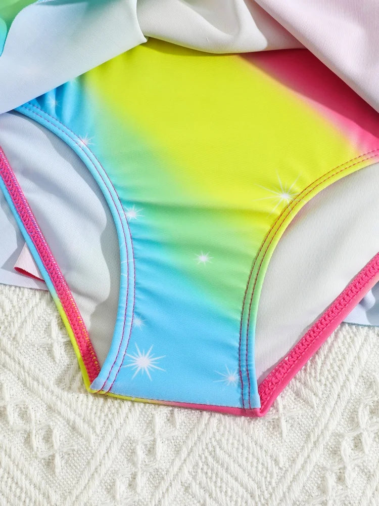Bikini Girls Kids Swimsuit Rainbow Strips Ruffle Sling Children Swimwear Summing Bikinis Short Skirt Beach Bathing Suit
