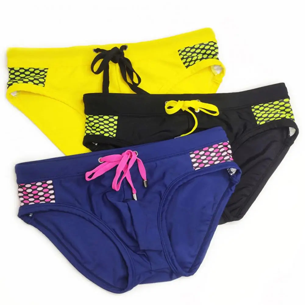 Quick-drying Swimming Trunks Stylish Men's Low-rise Swim Briefs with Drawstring Dot Print Stitching Summer Beach for Water