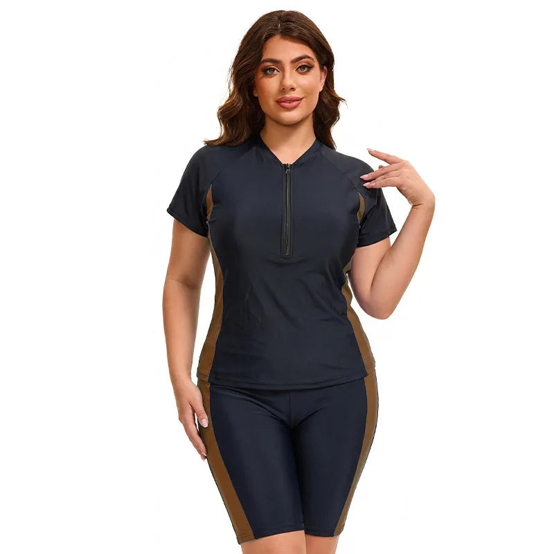 Plus Size Women Modest Swimwear Short Sleeve Swimsuit Rash Guard Tummy Control Two Piece Surf Suit Beachwear UPF 50 Bathing Suit
