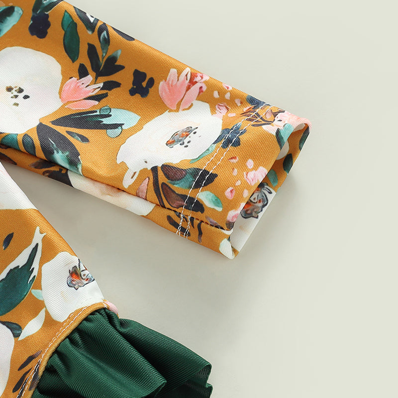 0-4Y Toddler Baby Girl Swimsuit Romper 4 Colors Flower Print Long Sleeve Ruffle Bikini Bathing Suit