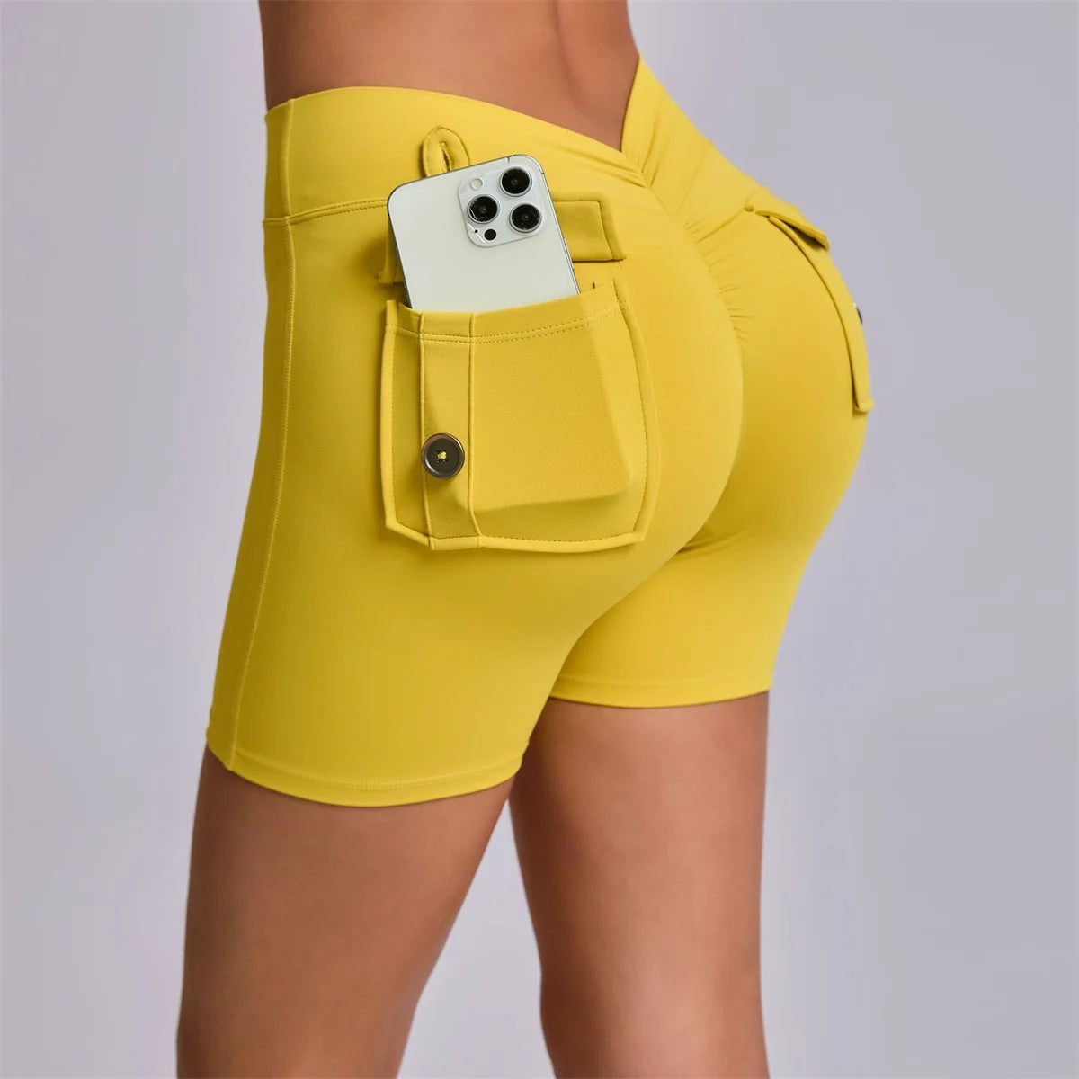 Deep V Back Yoga Shorts Women Pocket Scrunched Butt Gym Leggings High Waist Push Up Tights Booty Sports Shorts Fitness