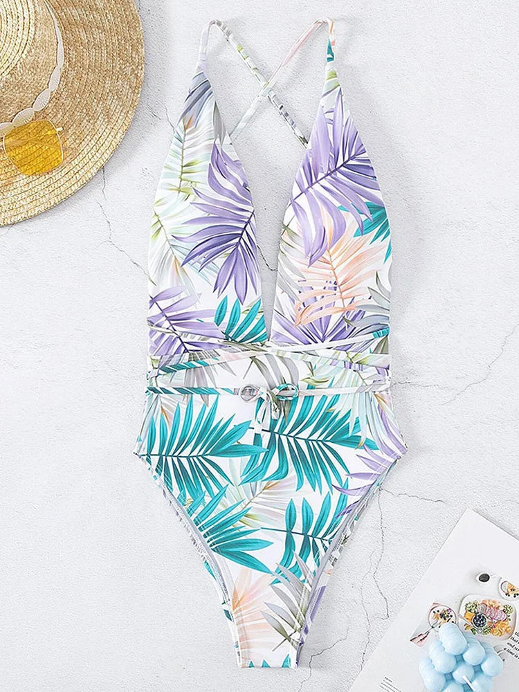 Color Print Deep V Swimwear Women Backless Cross Hollow Belt One Piece Swimsuit Monokini Summer Bathing Suit