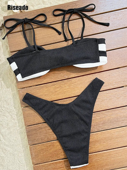 Bikini Set for Women Striped Knot Front Push Up High Leg Thong Two Piece Swimsuit
